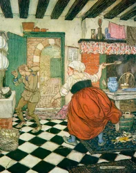 Viele Schläge bekam er vom Besenstiel oder Kochlöffel, Illustration zu Dick Whittington und seine Katze, aus Englische Märchen nacherzählt von F.A. Steel, 1927